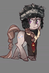 Size: 960x1440 | Tagged: safe, artist:rirurirue, oc, oc only, oc:boreal blanket, pony, yakutian horse, braid, braided tail, clothes, gray background, hat, jacket, simple background, snow mare, solo, ushanka