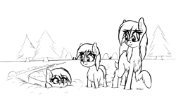 Size: 1908x1095 | Tagged: safe, artist:seafooddinner, oc, oc only, oc:meadow frost, oc:snowfall, oc:tundra tracker, pony, yakutian horse, female, filly, forest, sketch, smiling, snow, snow mare, tree, village