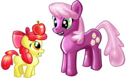 Size: 3107x1929 | Tagged: safe, artist:shadow-rhapsody, apple bloom, cheerilee, earth pony, pony, g4, apple, female, filly, food, grin, mare, simple background, smiling, transparent background