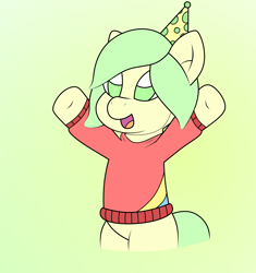 Size: 2550x2717 | Tagged: safe, artist:sparkfler85, derpibooru exclusive, oc, oc only, oc:yellow mash, earth pony, pony, bipedal, clothes, hat, high res, male, open mouth, party hat, raised hooves, simple background, solo, sweater