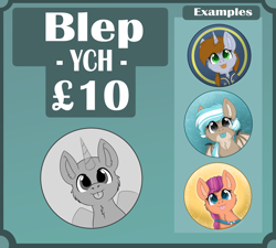 Size: 3192x2872 | Tagged: safe, artist:rokosmith26, sunny starscout, oc, oc:littlepip, bat pony, earth pony, pony, unicorn, fallout equestria, g5, :p, advertisement, badge, bat pony oc, bust, cheek fluff, clothes, commission, commission info, cute, description is relevant, eye clipping through hair, female, fluttershy's cutie mark, hairband, high res, horn, mare, markings, neck fluff, rainbow dash's cutie mark, teeth, text, tongue out, twilight sparkle's cutie mark, unicorn oc, wings, ych example, your character here