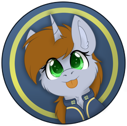 Size: 1210x1200 | Tagged: safe, artist:rokosmith26, oc, oc only, oc:littlepip, pony, unicorn, fallout equestria, :p, bust, cheek fluff, clothes, cute, ear fluff, eye clipping through hair, female, horn, mare, neck fluff, ocbetes, pipabetes, simple background, solo, tongue out, unicorn oc, ych example, your character here