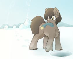 Size: 2379x1914 | Tagged: safe, artist:czu, oc, oc only, oc:wayfinder, fish, pony, yakutian horse, chest fluff, ice fishing, igloo, male, mouth hold, snow mare, solo