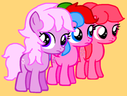 Size: 796x602 | Tagged: artist needed, safe, honeysuckle, lickety-split, whizzer, earth pony, flutter pony, pegasus, pony, twinkle eyed pony, g1, g4, adorablesuckle, cute, female, filly, frown, g1 licketybetes, g1 to g4, generation leap, orange background, simple background, trio, whizzabetes