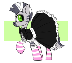 Size: 1262x1096 | Tagged: safe, artist:creamyexxx, oc, oc only, oc:zebra north, pony, zebra, clothes, crossdressing, dress, femboy, girly, maid, male, outfit, skirt, socks, solo, stallion, striped socks, thigh highs, zebra femboy, zebra oc, zebra subjugation, zebrasub