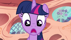 Size: 1920x1080 | Tagged: safe, screencap, twilight sparkle, pony, unicorn, g4, season 2, the return of harmony, d:, female, golden oaks library, looking down, mare, open mouth, solo, unicorn twilight