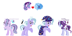 Size: 1529x774 | Tagged: safe, artist:1313jaysong1313, starlight glimmer, trixie, oc, oc:allister, oc:lavender glimmer, oc:moonbright crescent, g4, base used, female, lesbian, magical lesbian spawn, offspring, parent:starlight glimmer, parent:trixie, parents:startrix, ship:startrix, shipping, simple background, white background