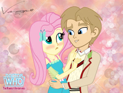 Size: 1280x960 | Tagged: safe, artist:edcom02, artist:jmkplover, artist:vanossfan10, doctor whooves, fluttershy, time turner, equestria girls, g4, blushing, celery, clothes, crossover, crossover shipping, female, fifth doctor, frock coat, geode of fauna, hairpin, holding, in love, jumper, magical geodes, male, peter davison, ship:doctorshy, shipping, shirt, straight, the doctor