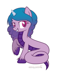 Size: 1600x2000 | Tagged: safe, alternate version, artist:angelina-pax, izzy moonbow, lamia, original species, pony, snake, snake pony, unicorn, g5, bedroom eyes, commission, cute, female, grin, izzybetes, lamiafied, mare, raised hoof, simple background, smiling, solo, species swap, transparent background, unshorn fetlocks, ych result
