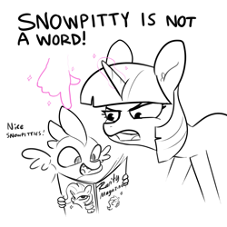 Size: 2250x2250 | Tagged: safe, artist:tjpones, rarity, spike, twilight sparkle, dragon, pony, unicorn, black and white, dialogue, female, grayscale, hand, high res, magazine, magic, magic hands, male, mare, misspelling, monochrome, partial color, simple background, snowpity, unicorn twilight, white background