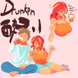 Size: 3000x3000 | Tagged: safe, artist:sozglitch, sunset shimmer, oc, oc:generic messy hair anime anon, human, g4, alcohol, big breasts, blushing, breasts, busty sunset shimmer, clothes, drink, drinking, drunk, drunker shimmer, drunkset shimmer, female, go home you're drunk, high res, huge breasts, humanized, japanese, male, pink background, shorts, simple background
