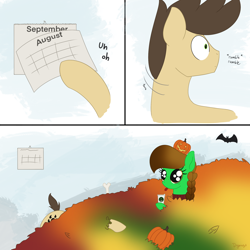 Size: 2048x2048 | Tagged: safe, artist:dyonys, oc, oc:lucky brush, oc:night chaser, bat, earth pony, pony, :p, autumn, big eyes, braid, clothes, comic, female, high res, leaves, male, mare, pumpkin, stallion, sweater, text, tongue out, turtleneck