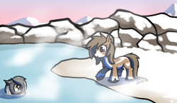 Size: 1737x1010 | Tagged: safe, artist:neuro, oc, oc only, pony, yakutian horse, female, hot springs, mare, mountain, rock, snow, snow mare, water