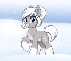 Size: 2540x2160 | Tagged: safe, artist:confetticakez, oc, oc only, oc:snow shoes, pony, yakutian horse, /mlp/, bangs, blue eyes, chest fluff, coat markings, cute, eyebrows, eyebrows visible through hair, eyelashes, female, fluffy, gray coat, hair bun, high res, hoof fluff, hoofprints, leg fluff, looking at you, mare, pale belly, ponybooru import, raised hoof, raised leg, short tail, smiling, smiling at you, snow, snow mare, snowfall, snowy background, socks (coat markings), solo, tail, white mane