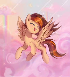 Size: 1000x1100 | Tagged: safe, artist:finlywhisk, oc, oc only, oc:aerion featherquill, pegasus, pony, cloud, commission, eyes closed, female, flying, happy, mare, rainbow, scenery, solo, wings, ych result