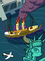 Size: 953x1280 | Tagged: safe, artist:sergeant16bit, smolder, bird, seagull, g4, anchor, fire, inanimate tf, manehattan, not salmon, ocean, peace sign, ship, smiling, smoke, statue of friendship, statue of liberty, transformation, vehicle, wat