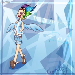 Size: 1024x1024 | Tagged: safe, artist:gnidagovnida, rainbow dash, human, g4, abstract background, arm behind back, clothes, female, goggles, humanized, one eye closed, open mouth, open smile, smiling, solo, volumetric mouth, winged humanization, winged shoes, wings