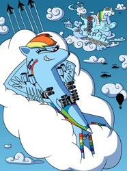 Size: 953x1280 | Tagged: safe, artist:sergeant16bit, rainbow dash, g4, airplane dash, alternate universe, arm behind head, balloon, cloud, cloudsdale, grin, helicopter, inanimate tf, lying down, on a cloud, on back, one eye closed, plane, planeified, smiling, smirk, species swap, transformation, uncanny valley, vehicle