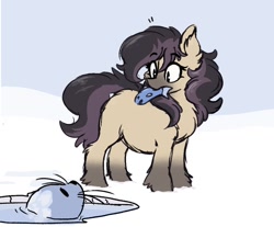 Size: 1052x870 | Tagged: safe, artist:somefrigginnerd, oc, oc only, fish, pony, seal, yakutian horse, chest fluff, eyebrows, eyebrows visible through hair, female, ice, ice fishing, looking at each other, looking down, looking up, mare, mouth hold, snow, snow mare