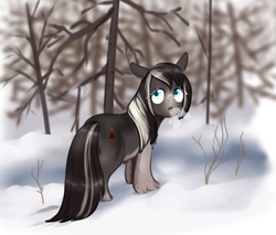 Size: 783x667 | Tagged: safe, artist:anonymous, oc, oc only, oc:pine ponder, pony, yakutian horse, breath, female, forest, mare, snow, snow mare, solo