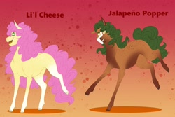 Size: 3000x2000 | Tagged: safe, artist:inisealga, li'l cheese, oc, oc:jalapeño popper, earth pony, pony, g4, the last problem, earth pony oc, female, high res, male, offspring, parent:cheese sandwich, parent:pinkie pie, parents:cheesepie, transgender