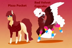 Size: 3000x2000 | Tagged: safe, artist:inisealga, oc, oc only, oc:pizza pockets, oc:red velvet cupcake, earth pony, pegasus, pony, clothes, duo, duo female, earth pony oc, female, flannel, high res, mare, offspring, parent:cheese sandwich, parent:pinkie pie, parents:cheesepie, pegasus oc, simple background, socks, spread wings, wings