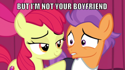 Size: 1066x600 | Tagged: safe, edit, edited screencap, editor:twi clown, screencap, apple bloom, tender taps, earth pony, pony, g4, on your marks, season 6, bedroom eyes, caption, colt, duo, female, filly, frown, image macro, implied tenderbloom, lidded eyes, lip bite, looking at each other, male, smiling, text, wide eyes