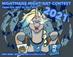 Size: 1167x905 | Tagged: safe, artist:firelorda2, oc, oc only, oc:orenda azure, bat, pony, unicorn, bag, candy bag, contest, discord (program), glowing, glowing eyes, hoof hold, link in description, nightmare night, sombra eyes