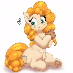 Size: 3329x3312 | Tagged: safe, artist:pabbley, pear butter, earth pony, pony, g4, belly, belly button, child bearing hips, chubby, clothes, cookie, eating, female, food, freckles, frog (hoof), herbivore, high res, holding, hoof hold, looking down, mare, simple background, sitting, solo, underhoof, white background, wide hips
