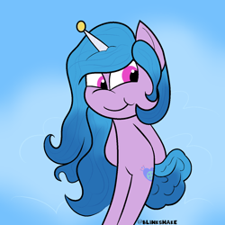 Size: 1240x1240 | Tagged: safe, artist:blinkshake, izzy moonbow, pony, unicorn, g5, arm behind back, ball, bipedal, chibi, cute, cutie, horn, hornball, izzy's tennis ball, smiling, solo, tennis ball