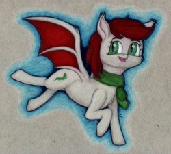 Size: 3805x3425 | Tagged: safe, artist:myzanil, oc, oc only, oc:slumber tea, bat pony, pony, bat pony oc, cheek fluff, chest fluff, clothes, colored pencil drawing, cute, ear fluff, flying, freckles, high res, scarf, smiling, solo, traditional art