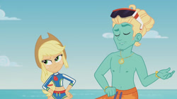 Size: 3410x1920 | Tagged: safe, screencap, applejack, zephyr breeze, blue crushed, equestria girls, g4, my little pony equestria girls: better together, applejack's hat, belly button, bikini, clothes, cowboy hat, duo, eyes closed, female, geode of super strength, hat, high res, jewelry, magical geodes, male, male nipples, midriff, necklace, nipples, smiling, sunglasses, swimming trunks, swimsuit