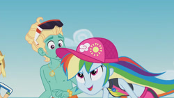Size: 3410x1920 | Tagged: safe, screencap, applejack, rainbow dash, zephyr breeze, human, blue crushed, equestria girls, g4, my little pony equestria girls: better together, applejack's hat, bikini, clothes, cowboy hat, female, geode of super speed, hat, high res, jewelry, magical geodes, male, male nipples, midriff, necklace, nipples, offscreen character, open mouth, sleeveless, swimming trunks, swimsuit, trio