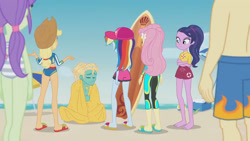 Size: 3410x1920 | Tagged: safe, screencap, applejack, baewatch, fluttershy, rainbow dash, zephyr breeze, blue crushed, equestria girls, g4, my little pony equestria girls: better together, applejack's hat, barefoot, beach, bikini, clothes, cowboy hat, crossed arms, eyes closed, feet, female, fluttershy's wetsuit, hairpin, hat, high res, male, sandals, surfboard, swimming trunks, swimsuit, wet hair, wetsuit