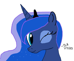 Size: 926x756 | Tagged: source needed, useless source url, safe, artist:derpyanon_, princess luna, alicorn, pony, g4, 1000 hours in ms paint, cute, ethereal mane, female, horn, looking at you, mare, one eye closed, simple background, smiling, smiling at you, solo, starry mane, white background, wink, winking at you
