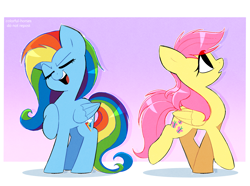 Size: 3142x2338 | Tagged: safe, artist:syrupyyy, part of a set, fluttershy, rainbow dash, pegasus, pony, g4, alternate hairstyle, cute, dashabetes, duo, duo female, eye clipping through hair, eyes closed, female, folded wings, gradient background, high res, mane swap, mare, no catchlights, open mouth, open smile, raised hoof, raised leg, redraw, shyabetes, smiling, standing on two hooves, tail swap, wings