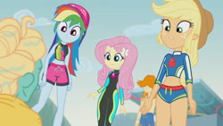 Size: 3410x1920 | Tagged: safe, screencap, applejack, fluttershy, rainbow dash, valhallen, zephyr breeze, blue crushed, equestria girls, g4, my little pony equestria girls: better together, applejack's hat, belly button, bikini, clothes, cowboy hat, female, fluttershy's wetsuit, geode of fauna, geode of super speed, geode of super strength, hairpin, hat, high res, jewelry, magical geodes, male, midriff, necklace, sleeveless, swimming trunks, swimsuit, wet hair, wetsuit