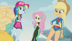 Size: 3410x1920 | Tagged: safe, screencap, applejack, fluttershy, rainbow dash, zephyr breeze, blue crushed, equestria girls, g4, my little pony equestria girls: better together, applejack's hat, belly button, bikini, clothes, cowboy hat, female, fluttershy's wetsuit, geode of fauna, geode of super speed, geode of super strength, hairpin, hat, high res, jewelry, magical geodes, male, midriff, necklace, sleeveless, swimming trunks, swimsuit, wet hair, wetsuit