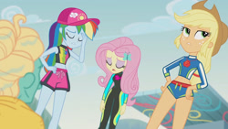 Size: 3410x1920 | Tagged: safe, screencap, applejack, fluttershy, rainbow dash, zephyr breeze, blue crushed, equestria girls, g4, my little pony equestria girls: better together, applejack's hat, belly button, bikini, clothes, cowboy hat, eyes closed, facepalm, female, fluttershy's wetsuit, geode of fauna, geode of super speed, geode of super strength, hairpin, hand on hip, hat, high res, jewelry, magical geodes, male, midriff, necklace, open mouth, sleeveless, swimming trunks, swimsuit, wet hair, wetsuit