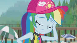 Size: 3410x1920 | Tagged: safe, screencap, rainbow dash, blue crushed, equestria girls, equestria girls series, g4, beach, cap, clothes, eyes closed, facepalm, female, geode of super speed, hat, high res, jewelry, magical geodes, necklace, sleeveless, solo, swimsuit
