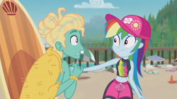 Size: 3410x1920 | Tagged: safe, screencap, rainbow dash, zephyr breeze, blue crushed, equestria girls, g4, my little pony equestria girls: better together, beach, belly button, cap, clothes, female, geode of super speed, hat, high res, jewelry, magical geodes, male, necklace, sleeveless, swimming trunks, swimsuit, wet hair