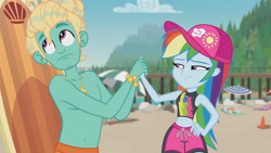 Size: 3410x1920 | Tagged: safe, screencap, gladys, rainbow dash, zephyr breeze, blue crushed, equestria girls, equestria girls series, g4, beach, belly button, cap, clothes, female, geode of super speed, hand on hip, hat, high res, jewelry, magical geodes, male, necklace, sleeveless, swimming trunks, swimsuit, wet hair