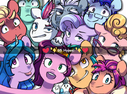 Size: 2730x2016 | Tagged: safe, artist:chub-wub, alphabittle blossomforth, argyle starshine, hitch trailblazer, izzy moonbow, kenneth, mcsnips-a-lot, phyllis cloverleaf, pipp petals, queen haven, sprout cloverleaf, steven, sunny starscout, thunder flap, zipp storm, bird, crab, earth pony, pegasus, pony, seagull, unicorn, g5, my little pony: a new generation, :p, critter magnet, cute, father and child, father and daughter, female, glasses, grin, high res, hug, male, mane five, mare, markings, mother and child, mother and daughter, open mouth, selfie, siblings, sisters, smiling, sprout joins the mane five, stallion, tongue out, unshorn fetlocks