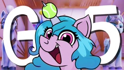 Size: 1280x720 | Tagged: safe, artist:fraciss, izzy moonbow, pony, g5, ball, izzy's tennis ball, looking at you, open mouth, solo, tennis ball