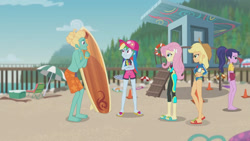 Size: 3410x1920 | Tagged: safe, screencap, applejack, fluttershy, gladys, rainbow dash, zephyr breeze, blue crushed, equestria girls, equestria girls series, g4, applejack's hat, barefoot, beach, cap, clothes, cowboy hat, crossed arms, feet, female, fluttershy's wetsuit, geode of fauna, geode of super speed, geode of super strength, hand on hip, hat, high res, jewelry, magical geodes, male, man bun, midriff, necklace, sandals, sleeveless, smiling, surfboard, swimming trunks, swimsuit, wetsuit