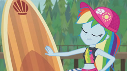 Size: 3410x1920 | Tagged: safe, screencap, gladys, rainbow dash, blue crushed, equestria girls, g4, my little pony equestria girls: better together, beach, belly button, cap, clothes, eyes closed, female, geode of super speed, hat, high res, jewelry, magical geodes, necklace, sleeveless, solo, surfboard, swimming trunks, swimsuit