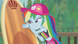 Size: 3410x1920 | Tagged: safe, screencap, gladys, rainbow dash, blue crushed, equestria girls, equestria girls series, g4, beach, belly button, cap, clothes, female, geode of super speed, hat, he doesn't deserve you, high res, jewelry, magical geodes, necklace, sleeveless, solo, surfboard, swimming trunks, swimsuit