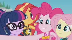 Size: 3410x1920 | Tagged: safe, screencap, fluttershy, pinkie pie, sci-twi, sunset shimmer, twilight sparkle, equestria girls, g4, my little pony equestria girls: better together, unsolved selfie mysteries, bare shoulders, clothes, cute, diapinkes, female, geode of empathy, geode of sugar bombs, glasses, grin, group, high res, jewelry, magical geodes, necklace, one-piece swimsuit, ponytail, quartet, sci-twiabetes, selfie, shimmerbetes, shyabetes, sleeveless, smiling, swimsuit, twiabetes, wetsuit