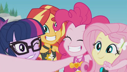 Size: 3410x1920 | Tagged: safe, screencap, fluttershy, pinkie pie, sci-twi, sunset shimmer, twilight sparkle, equestria girls, g4, my little pony equestria girls: better together, unsolved selfie mysteries, bare shoulders, clothes, cute, diapinkes, eyes closed, female, fluttershy's wetsuit, geode of empathy, geode of sugar bombs, glasses, grin, group, hairpin, high res, jewelry, magical geodes, necklace, one eye closed, one-piece swimsuit, ponytail, quartet, sci-twiabetes, selfie, shimmerbetes, shyabetes, sleeveless, smiling, swimsuit, twiabetes, wetsuit