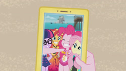 Size: 3410x1920 | Tagged: safe, screencap, fluttershy, pinkie pie, sci-twi, sunset shimmer, twilight sparkle, equestria girls, g4, my little pony equestria girls: better together, unsolved selfie mysteries, bare shoulders, cellphone, clothes, cute, diapinkes, eyes closed, female, fluttershy's wetsuit, geode of empathy, geode of sugar bombs, glasses, grin, group, high res, jewelry, magical geodes, necklace, one eye closed, one-piece swimsuit, phone, pinkie pie swimsuit, ponytail, quartet, sci-twi swimsuit, selfie, shimmerbetes, shyabetes, sleeveless, smartphone, smiling, swimsuit, twiabetes, wetsuit